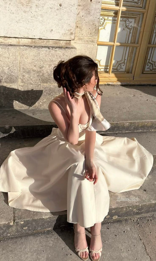 Simple A Line Spaghetti Strap Apricot Satin Prom Dress Birthday Dress Outfits SH3911