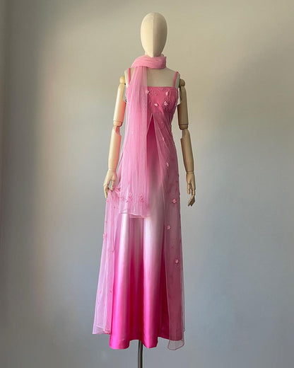Pink Fashion Gradient Beaded Floral Long Chiffon Retro Prom Dress Evening Dress Birthday Party Dress Graduation Dress gh5129