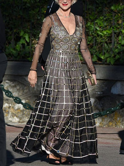 Temperament Gold Line Elegant Catwalk Ladies Dress