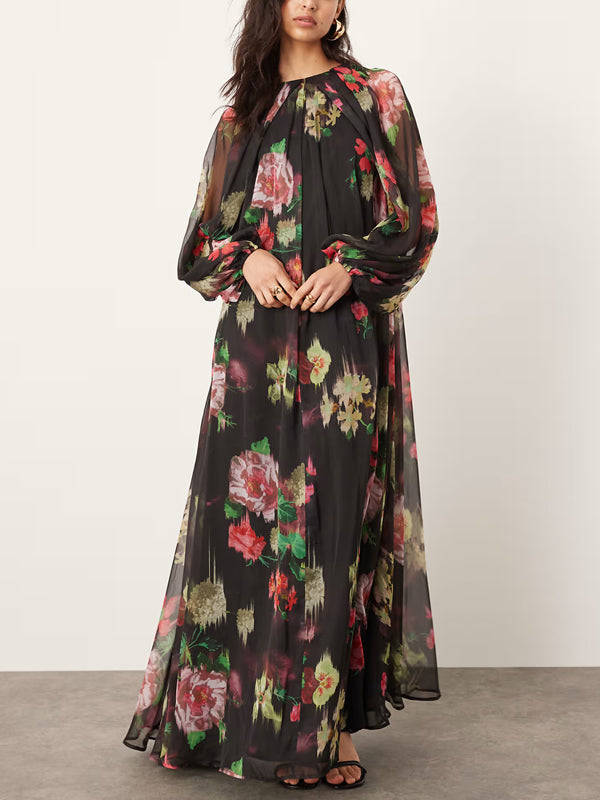 Black Floral Print Wide Sleeve Chiffon Maxi Dress