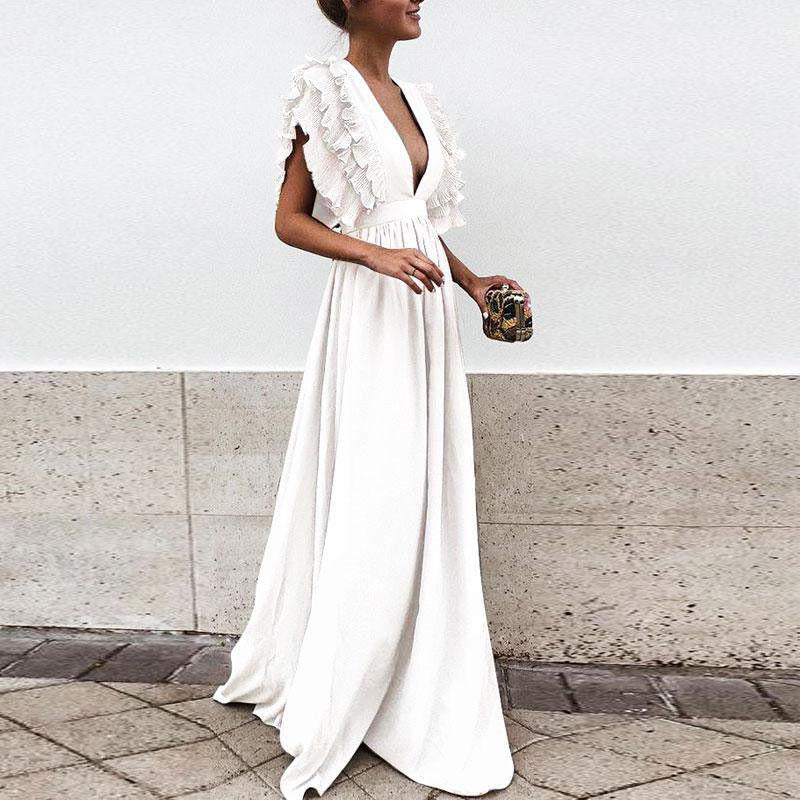 loveedsTM- Formal Party  Dress Women Deep V-Neck Long Dress Elegant Flying Sleeves Backless Maxi Evening Dresses Robe De Soiree
