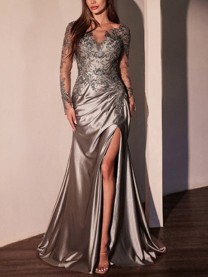 Round Neck Mesh Sequin Solid Color Maxi Dress