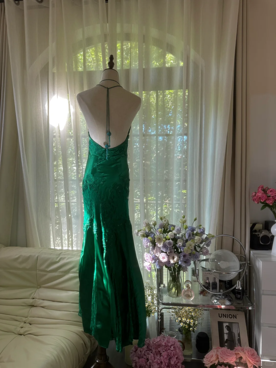 Green Gorgeous Shiny Fashion Elegant Delicate Lace Beading Long Satin Chiffon Fairy Ball Gown Evening Dress Birthday/Wedding Guest/Holiday Party Dress Prom Dress Valentine's Day Date Dress gh4037