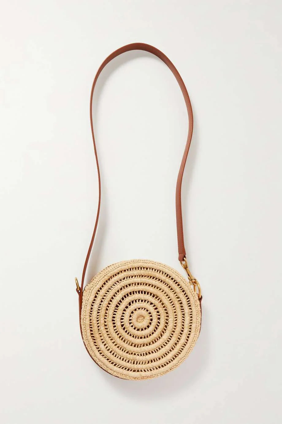 SAINT LAURENT Cassandre Round leather-trimmed raffia shoulder bag