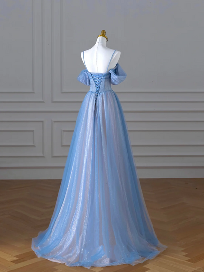 Classy A Line Spaghetti Straps Long Party Dress Blue Prom Dresses SD2449