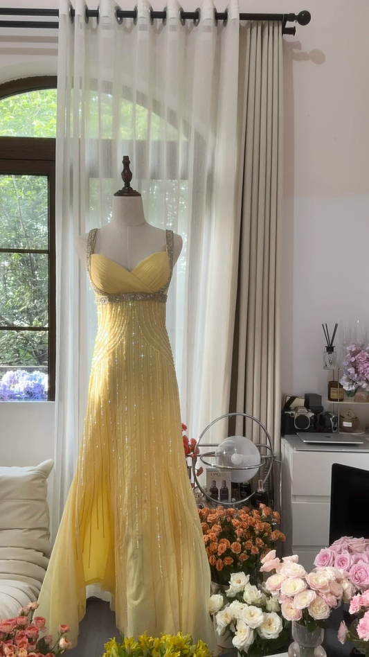 Light Yellow Gorgeous Shiny Fashion Elegant Exquisite Beaded Long Tulle Backless Fairy Ball Gown Evening Dress Birthday/Wedding Guest/Holiday Party Dress Prom Dress Valentine's Day Date Dress gh4034