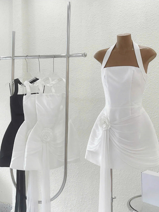 Modest A line Halter Little Black Dress Party Dresses Short Formal Homecoming Dresses Night Chic Elegant Cocktail Dresses 16th Birthday Outfits Hoco Dress DH2766