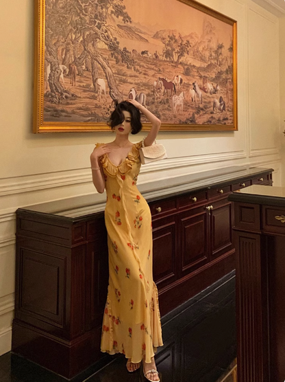 Cute A line V Neckline Yellow Floral Sleeveless 18th Birthday Dress Party Gown Birthday Outfits For Women DP0208