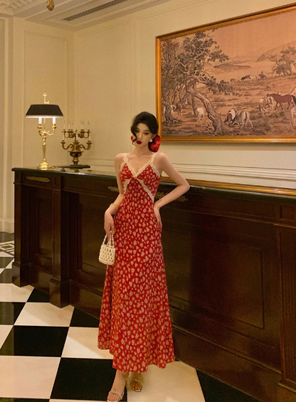 Cute A line V Neckline Red Floral Sleeveless 18th Birthday Dress Party Gown Birthday Outfits For Women DP0207