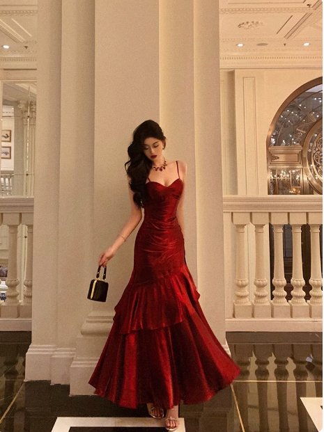 Sexy Mermaid Spaghetti Straps Burgundy 21st Birthday Dress Holiday Party Birthday Outfits For Women DP0192