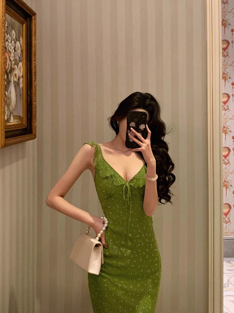 Vintage Mermaid V Neckline Green Floral Sleeveless 18th Birthday Dress Party Gown Birthday Outfits For Women DP0202