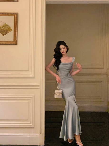 Vintage Mermaid Square Neckline Light Blue Satin Sleeveless 18th Birthday Dress Party Gown Birthday Outfits For Women DP0205