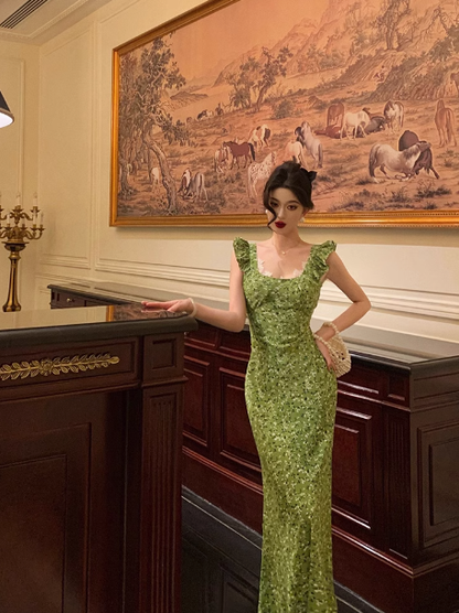 Vintage Mermaid Square Neckline Green Floral Sleeveless 18th Birthday Dress Party Gown Birthday Outfits For Women DP0200