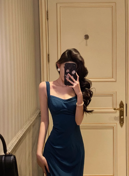 Vintage Sheath Square Neckline Blue Satin Sleeveless 18th Birthday Dress Party Gown Birthday Outfits For Women DP0206