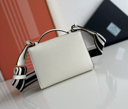 Prada Monochrome Saffiano 21 Leather Bag in White 21x14x6.5cm