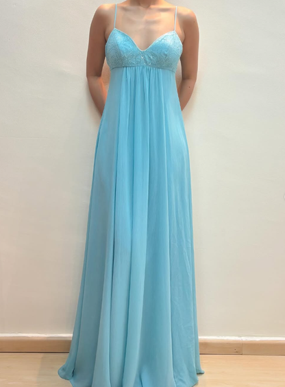 2025 New A Line Spaghetti Strap Beaded Sequin Blue Chiffon Prom Dress Evening Dress SH2224
