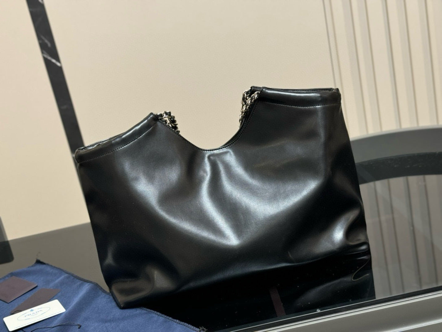 Prada Double Chain Black Shoppping Tote Bag 39x30cm