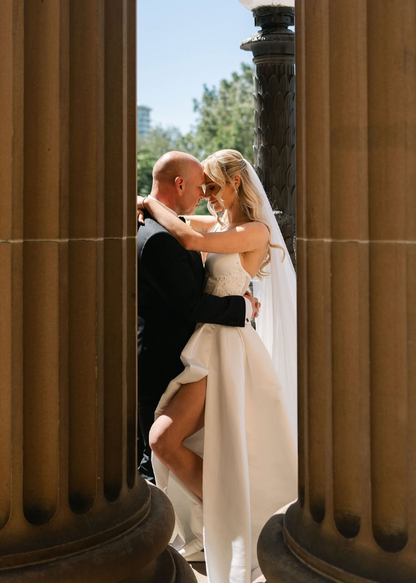 Elegant A Line V Neck Appliques White Satin Long Sweep Wedding Dress SH2192