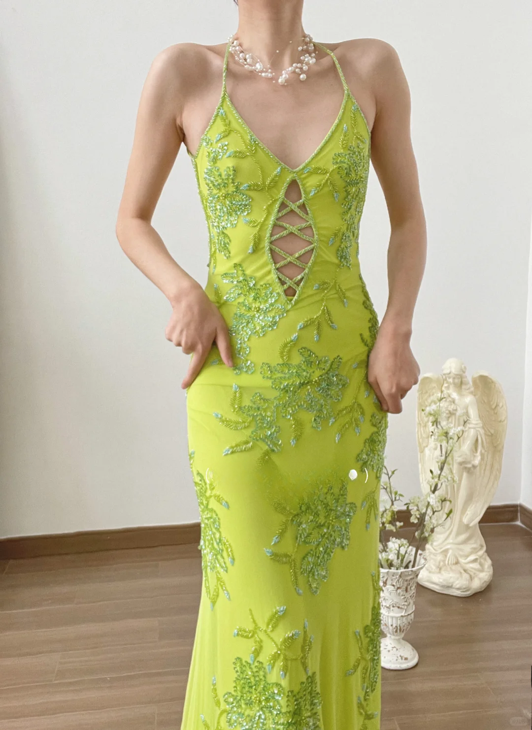 Vintage Halter Green Beaded Chiffon Open Back Long Prom Dress Formal Dress SH3865