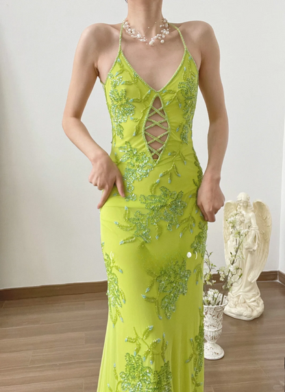 Vintage Halter Green Beaded Chiffon Open Back Long Prom Dress Formal Dress SH3865