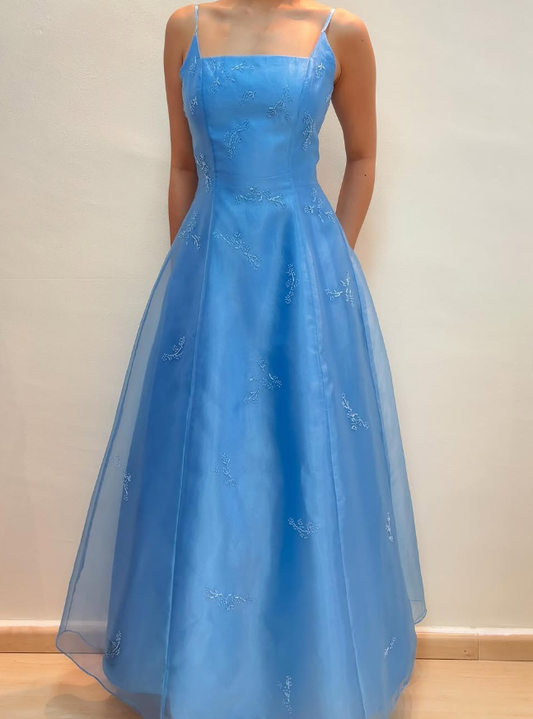 Vintage A Line Spaghetti Strap Beaded Blue Tulle Satin Prom Dress Evening Dress SH2115