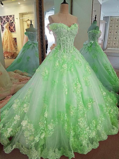 Sweet 16 Dresses Pink Lace Floral Prom Dresses Ball Gown Off The Shoulder Elegant Beaded Luxury Prom Gown        fg4334