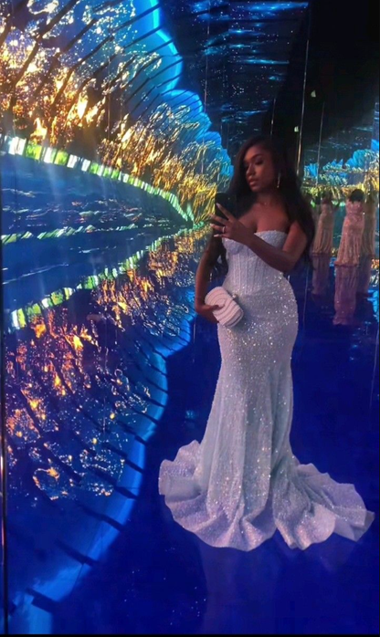Glitter Light Blue Mermaid Long Prom Dresses Wedding Party Dress