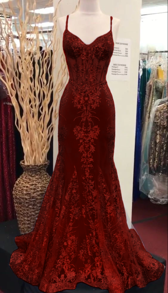 Charming V Neck Lace Mermaid Prom Dress Long Evening Dress       fg5452