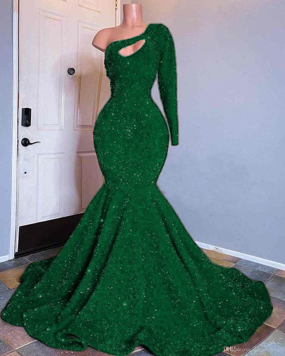 Red Sequined Mermaid Prom Dresses One Shoulder Long Sleeve Sequined Keyhole Prom Gowns   cg15792