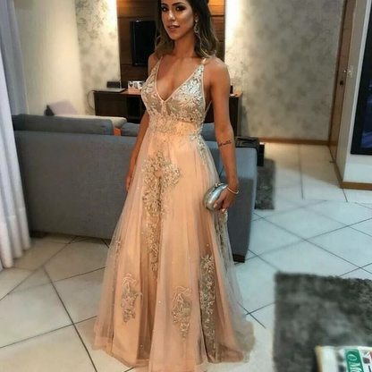 A-line V Neck Long Prom Dress   cg18209