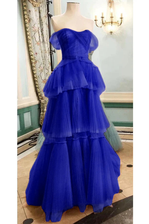 Off The Shoulder Tulle Tiered Long Prom Dress, A Line Evening Gown   cg24857