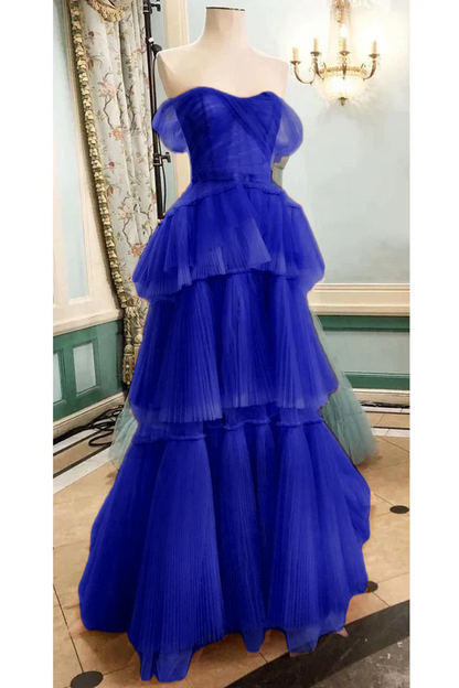 Off The Shoulder Tulle Tiered Long Prom Dress, A Line Evening Gown   cg24857