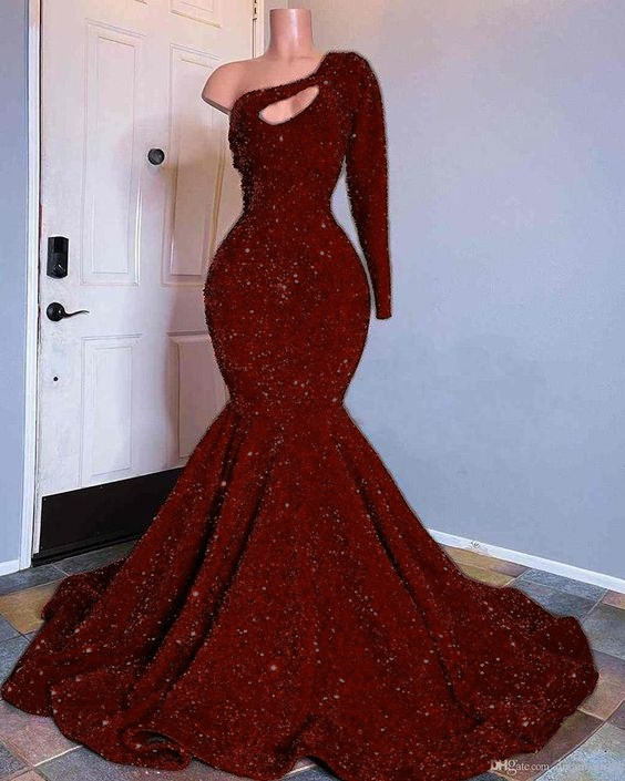 Red Sequined Mermaid Prom Dresses One Shoulder Long Sleeve Sequined Keyhole Prom Gowns   cg15792