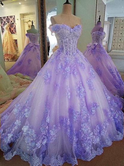 Sweet 16 Dresses Pink Lace Floral Prom Dresses Ball Gown Off The Shoulder Elegant Beaded Luxury Prom Gown        fg4334
