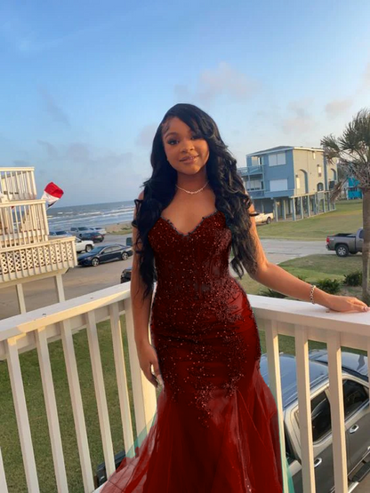 Dark Green Mermaid Tulle Lace Prom Dress Winter Formal Gown      fg4863