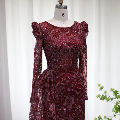 Luxury Burgundy A Line Sleeve Beaded Sequins Tulle Prom Dress SH1602