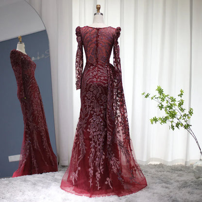 Luxury Burgundy A Line Sleeve Beaded Sequins Tulle Prom Dress SH1602