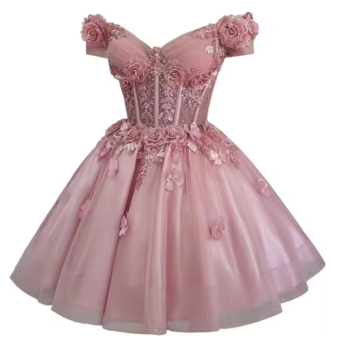 Pretty Off The Shoulder Tulle Appliques Homecoming Dress Pink Short Birthday Dress S681