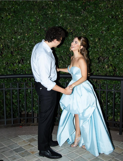 Baby Blue A Line V Neck Satin Short Long Prom Dress Evening Dress SH2202