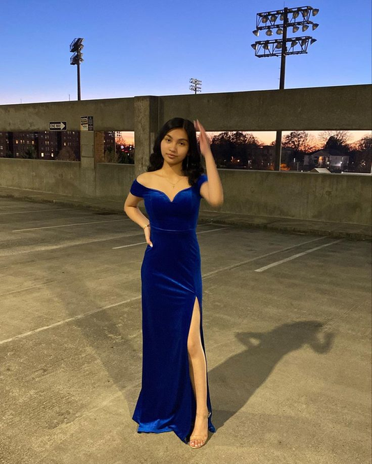 Royal Blue Off The Shoulder Slit Velvet Mermaid Prom Dress  SH1031