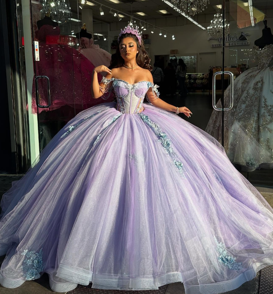 Purple Off the Shoulder Corset Appliques Tulle Ball Gown Sweet 16 Dress Quinceanera Dress SH2122