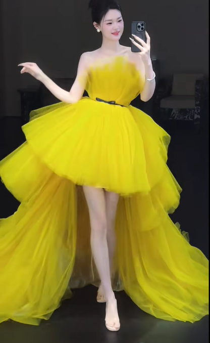 Cute A Line Strapless Layered Yellow Tulle Party Dress Birthday Dress SH2924