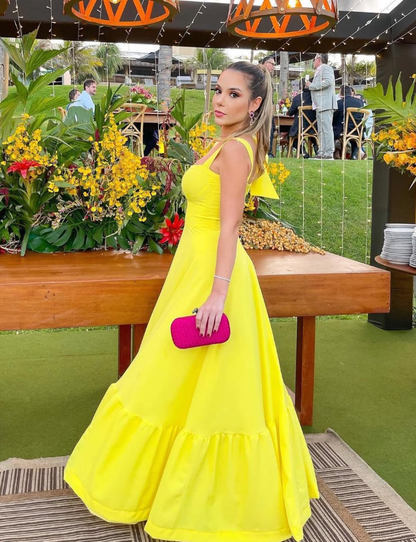 Cute A Line Straps Bow Yellow Satin Long Prom Dress Evening Dress SH2057