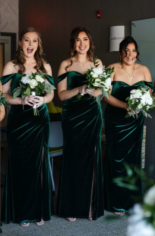 Charming Mermaid Off the Shoulder Green Velvet Long Party Dress Bridesmaid Dress with Slit SH2790
