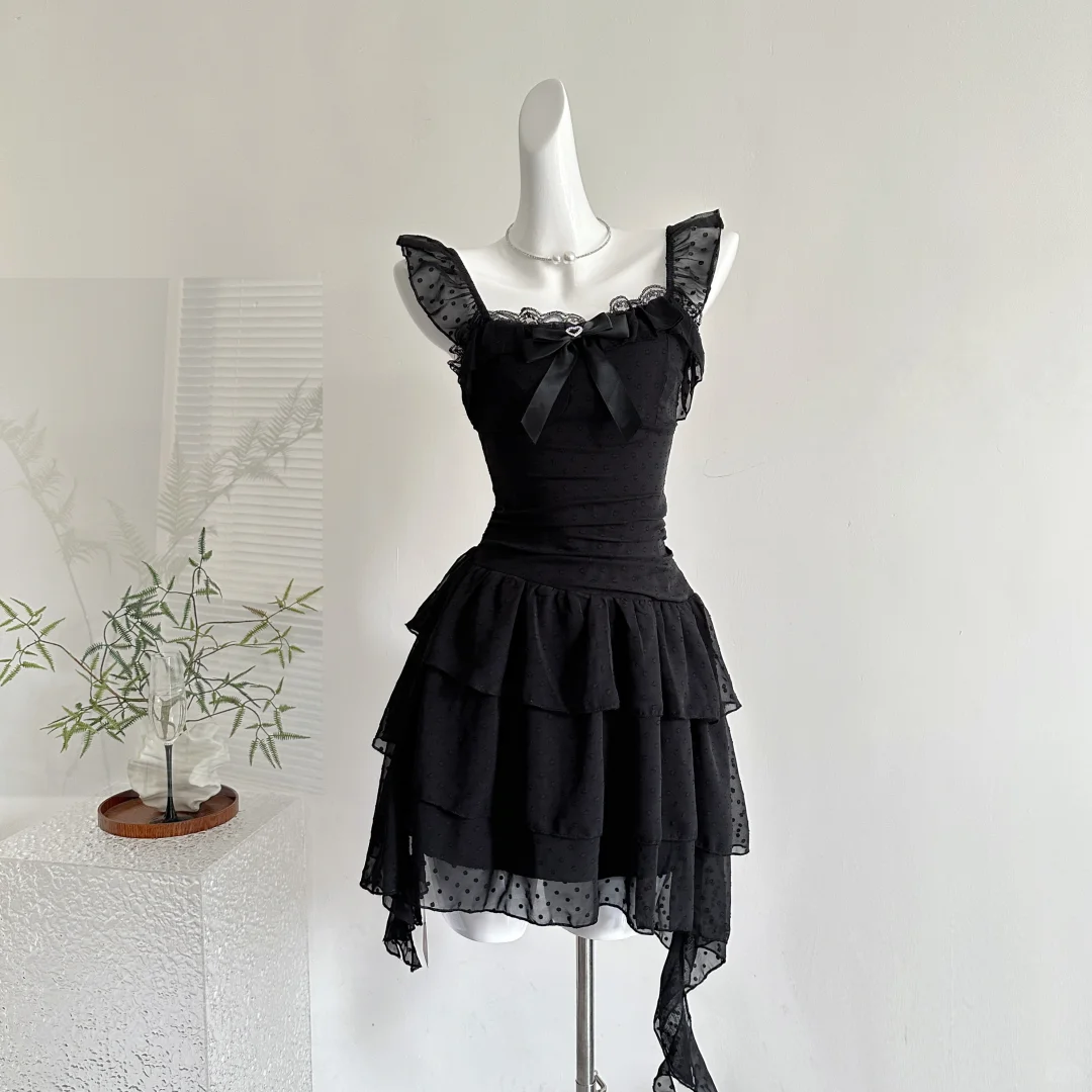 Cute A Line Chiffon Black Short  Vacation Dresses Women Dresses  S697