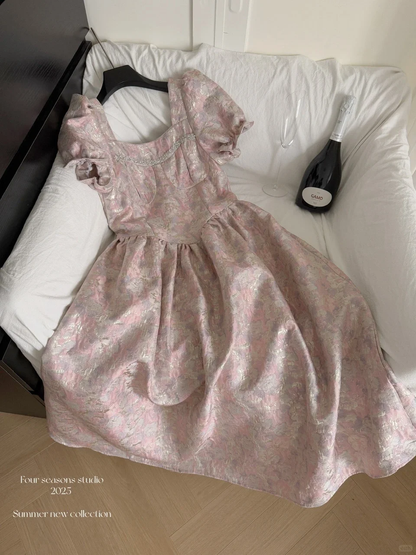 Cute Satin Print Floral Short Sleeves A Line Birthday Outfits Blue Homecoming Dress S403