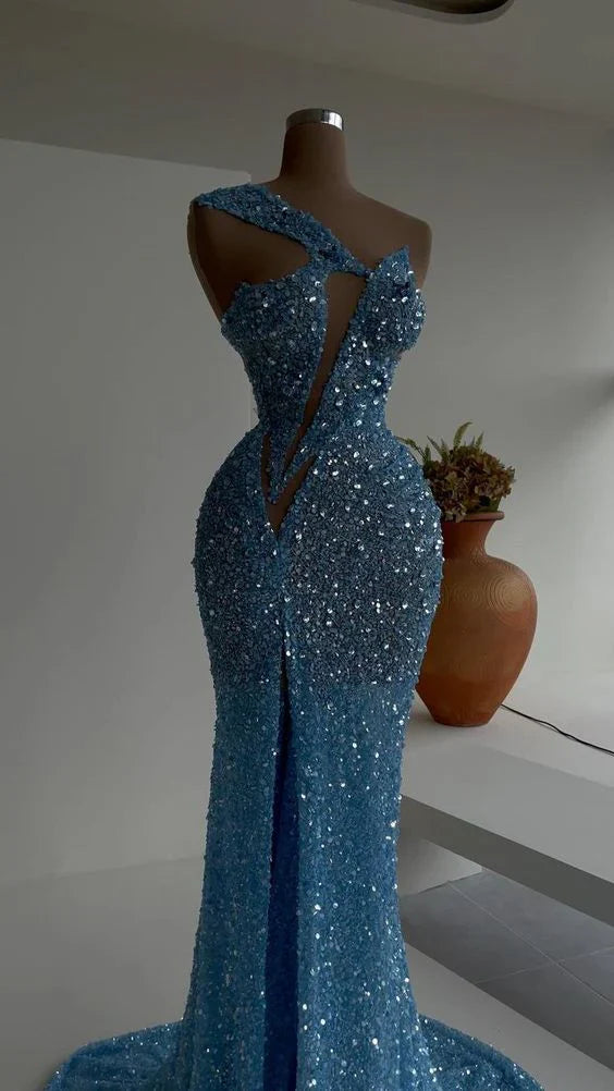 Blue gorgeous sexy sequins elegant long slit mermaid slim floor-length ball gown evening dress party dress gh3389