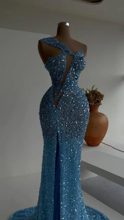 Blue gorgeous sexy sequins elegant long slit mermaid slim floor-length ball gown evening dress party dress gh3389