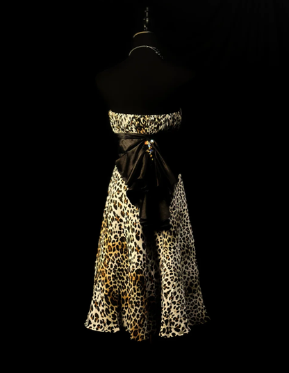 Vintage Leopard Chiffon Beaded Homecoming Dress Strapless Cocktail Dress S428