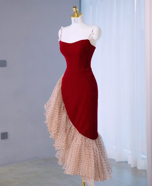 Vintage Red Velvet Ruffle Party Dress Mermaid Birthday Dress S310